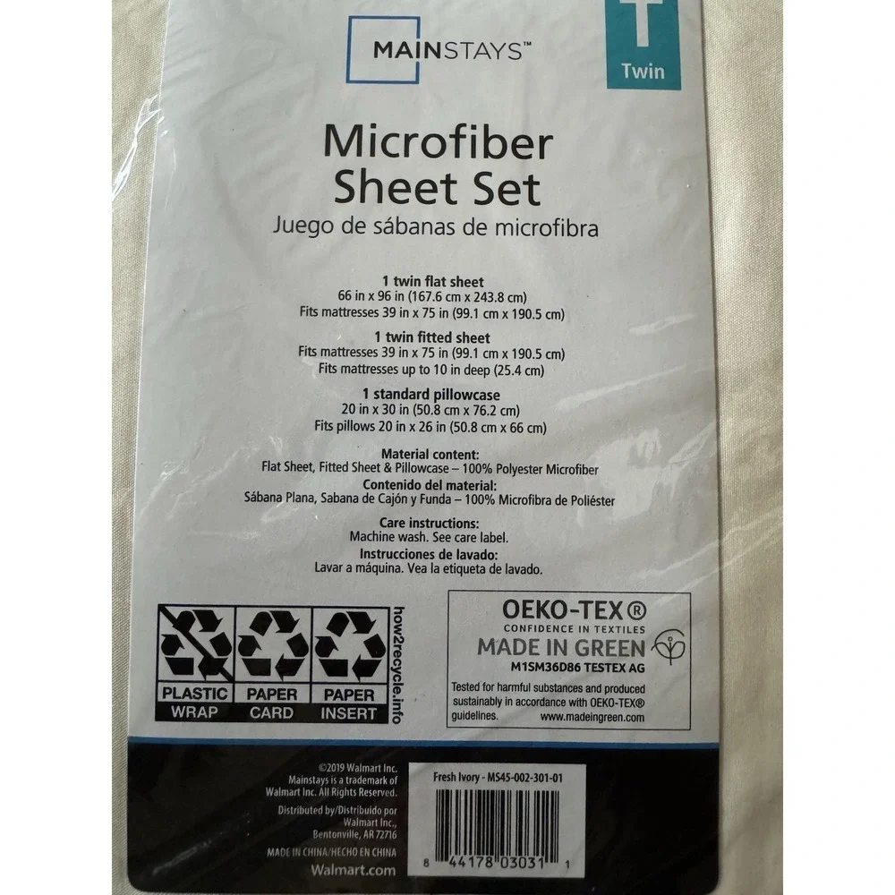 Mainstays Twin Microfiber Sheet Set 3pc Fresh Ivory New NIP‎ Solid Bedding